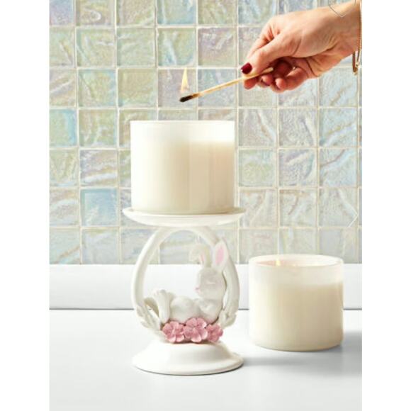 NEW Bath & Body Works White Glitter Bunny Ring Pedestal 3-Wick Candle Holder - Picture 2 of 11